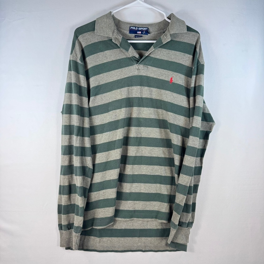 Vintage Polo Sport Ralph Lauren Striped Long Sleeve Polo Shirt Green Grey Mens M